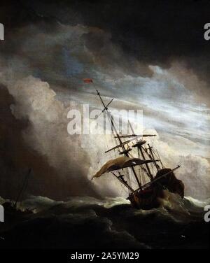 Painting titled 'The Gust' depicts a ship on the high seas caught by a Squall. Painted by Willem van de Velde II (1633-1707). Dated 17th Century Stock Photo