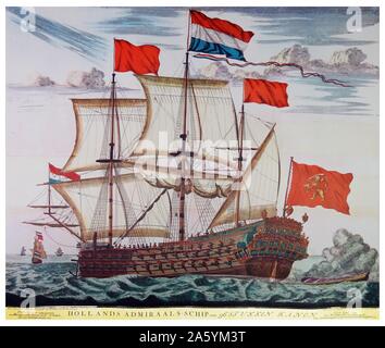 Dutch admiral's ship with 96 cannons. Coloured engraving published by ...