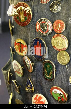 Badges of support for the British Miners strike of 1984-1985. At the end of the strike the National Union of Miners was left weakened and mining communities divided between supporters and opponents of the industrial action 1985 Stock Photo