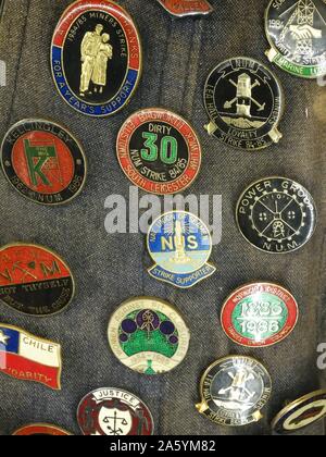 Badges of support for the British Miners strike of 1984-1985. At the end of the strike the National Union of Miners was left weakened and mining communities divided between supporters and opponents of the industrial action 1985 Stock Photo