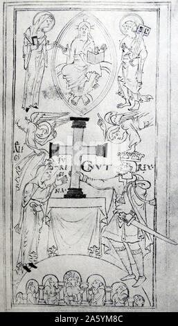 King Canute and Queen Elgifu at the dedication of Newminster Abbey, Winchester. From the eleventh-century Hyde Abbey Register. From The Island Race, a 20th century book that covers the history of the British Isles from the pre-Roman times to the Victorian era. Written by Sir Winston Churchill and abridged by Timothy Baker. Stock Photo