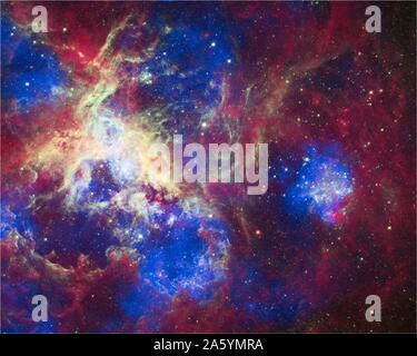 This composite of 30 Doradus, aka the Tarantula Nebula, contains data from Chandra, Hubble, and Spitzer. Located in the Large Magellanic Cloud, the Tarantula Nebula is one of the largest star-forming regions close to the Milky Way. Stock Photo