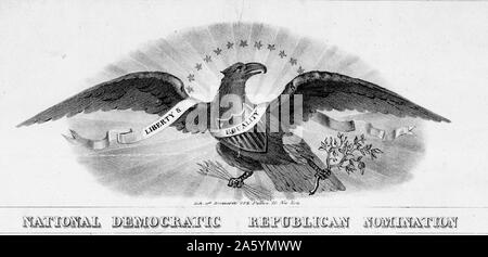 Illustration of an Eagle from a political Poster from 1840 for the National Democrat Republican Convention. The Eagle clutches arrows in one claw and a tree branch in the other. Around it is a scroll marked 'Liberty & Equality'. Stock Photo