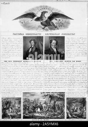 Political Poster from 1840 for the National Democrat Republican Convention. Featuring mid length portraits of Martin Van Buren and Richard M Johnson. Advocating them in their campaign to become President and Vice President. At the top of the poster is an Eagle with a scroll marked 'Liberty & Equality'. Below, illustrations of battle scenes. Stock Photo