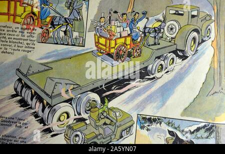 Illustration by Loys Petillot celebrating the struggle for liberty in Alsace & Lorraine at the end of world war Two. American transporter vehicle carries a donkey and cart with local people as they wave to a jeep next to them Stock Photo