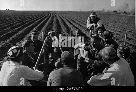 Uzbek collective farmers discussing work of spring sowing in the USSR (Union of Soviet Socialist Republics) between 1930 and 1940 Stock Photo