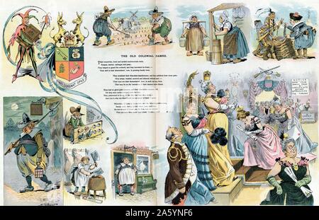 The old colonial dames By Samuel Ehrhart, 1862-1937, artist Published 1899. Print shows a vignette cartoon with scenes of colonial men and women working at domestic and blue collar chores and jobs, leading to a scene with upper class women, each clutching an approved 'Family Tree'. Stock Photo