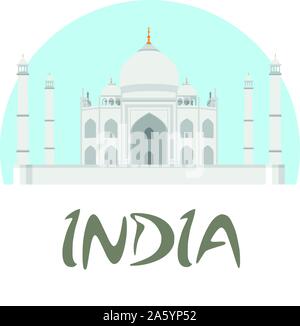 Travel India badge. Taj Mahal vector illustration with white and blue background and text India. Stock Vector