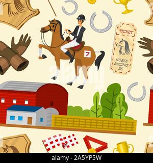 Horse racing seamless pattern. Horseback riding. Activity Jockey club. Equipments for Equestrian Sport poster. Accessories horseshoe, whip, horse Stock Vector