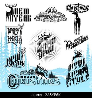 set of new year and christmas different letterings with deers Stock Vector