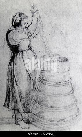 17th Century illustration of a woman churning butter. Dated 1620 Stock Photo