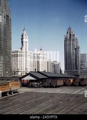 General view of part of the South Water Street Illinois Central Railroad freight terminal, Chicago, Illinois. Photographer Jack Delano (1914-1997). April 1943. Stock Photo