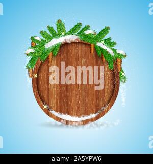 round wood border with snowy fir tree branch cones and presents on blue ...