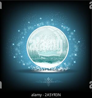 Snow globe with winter forest landscape on blue background Stock Vector
