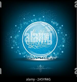 Snow globe with calligraphic merry christmas on blue background Stock Vector