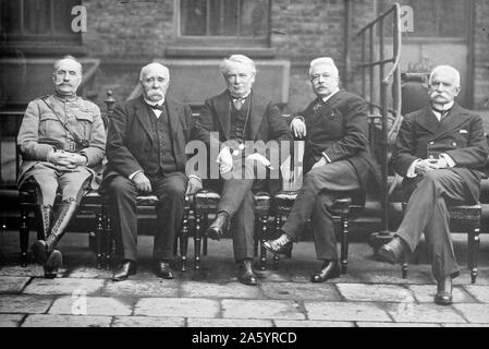 Photograph shows French General Ferdinand Foch (1851-1929), French Prime Minister Georges Benjamin Clemenceau (1841-1929), British Prime Minister David Lloyd George (1863-1945), Italian Prime Minister Vittorio Emanuele Orlando (1860-1952) and Italian Minister of Foreign Affairs Baron Sidney Costantino Sonnino (1847-1922). 1918