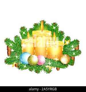 Three candles stand on fir tree branches. Christmas glossy element on white Stock Vector