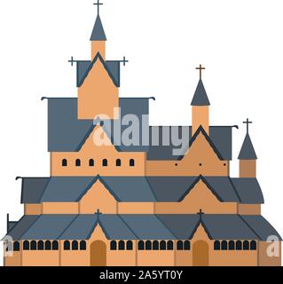 Stavkirke of Heddal, Norway. Isolated on white background vector illustration. Stock Vector