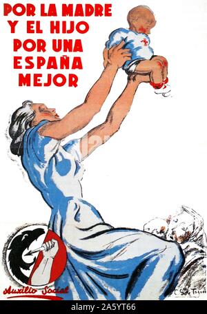 Poster extolling the role of women as mothers during Spanish Civil War. By Saenz de Tejada, Nationalist artist 1938 Stock Photo