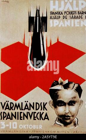 Swedish anti-fascist propaganda poster expressing horror at nationalist bombing raids on civilians during the Spanish Civil War Stock Photo
