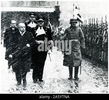 Emil Hácha (12 July 1872 – 27 June 1945) President of Czechoslovakia from 1938 to 1939 arrives to meet Hitler in Berlin 1939 Stock Photo