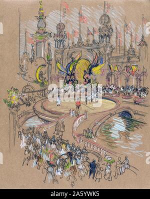 Coney Island by Joseph Pennell, 1857-1926, artist. ca. 1904 - 1908. drawing on brown paper : pastel crayon, pencil. New York City. View from above of crowd jammed around circular platform built over water containing ringmaster and performers, colourful flying creatures above, exotic towers, flags in background. Stock Photo