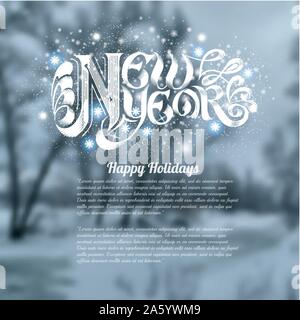 winter landscape background snowy forest with new year shiny lettering Stock Vector