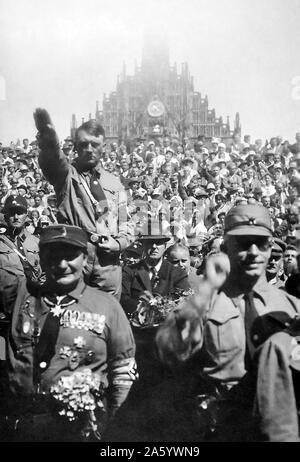 German Nazi leader and Chancellor Adolf Hitler, at Nazi party rally, Nuremberg, Germany Stock Photo