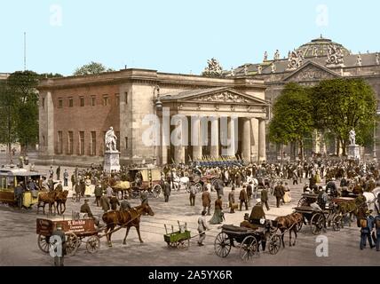 Horse drawn carriages and tram in a street scene in Berlin, Germany 1890 Stock Photo