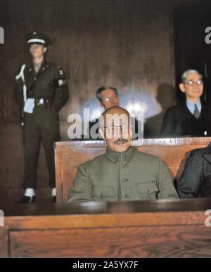 War Crimes Trial of Hideki Tojo (1884 – 1948) general of the Imperial Japanese Army. Prime Minister of Japan during much of World War II. Tojo was arrested, sentenced to death for Japanese war crimes by the International Military Tribunal for the Far East, and hanged on December 23, 1948.