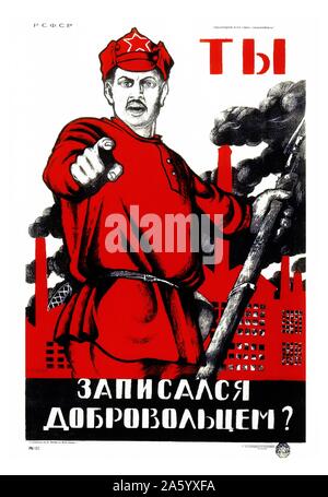 Russain propaganda poster by Dmitry Moor (1883-1946) (D. Moor the professional name of Dmitry Stakhievich Orlov) a Russian artist noted for his propaganda posters. Graphic Design - Soviet Russia 1918 One of the distinct types of posters design are evident. Dated 1920 Stock Photo