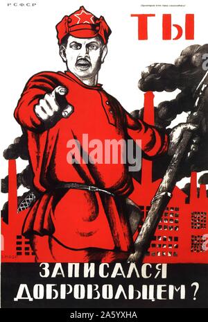 Russain propaganda poster by Dmitry Moor (1883-1946) (D. Moor the professional name of Dmitry Stakhievich Orlov) a Russian artist noted for his propaganda posters. Graphic Design - Soviet Russia 1918 One of the distinct types of posters design are evident. Dated 1920 Stock Photo