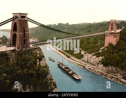 Colour photograph of the Clifton suspension bridge from the north east cliffs, Bristol, England. Dated 1937 Stock Photo