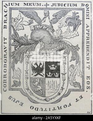 Coat of arms belonging to Hernando Cortes (1485 – 1547); Spanish Conquistador who led an expedition that caused the fall of the Aztec Empire and brought large portions of mainland Mexico under the rule of the King of Castile in the early 16th Century Stock Photo
