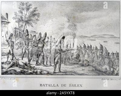 Illustration depicting the Battle of Bailén fought in 1808 by the Spanish Army of Andalusia, led by Generals Francisco Castaños and Theodor von Reding, and the Imperial French Army's II corps d'observation de la Gironde under General Pierre Dupont de l'Étang. Dated 1808 Stock Photo