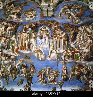 Fresco titled 'The Last Judgment' by Michelangelo di Lodovico Buonarroti Simoni (1475-1564) an Italian sculptor, painter, architect, poet, and engineer of the High Renaissance who exerted an unparalleled influence on the development of Western art. Dated 16th Century Stock Photo