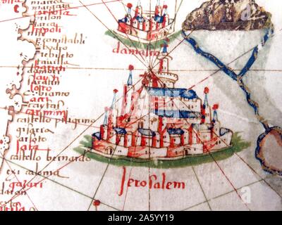 Renaissance map of Europe, Jacopo Russo, 1528, detail, showing Jerusalem and Damascus Stock Photo