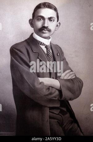 Mahatma Gandhi as a lawyer in South Africa circa 1905. Mohandas Karamchand Gandhi (1869 – 1948), was the preeminent leader of the Indian independence movement in British-ruled India. Employing nonviolent civil disobedience, Gandhi led India to independence and inspired movements for civil rights and freedom across the world. Stock Photo