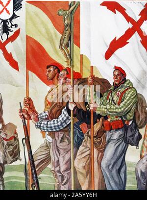 Illustration depicting Carlist (monarchist) militia during the Spanish Civil War. By Carlos Saenz de Tejada (1897 - 1958 ) Spanish painter and illustrator;identified with the Nationalist (Fascist) side in the Spanish Civil War. Stock Photo