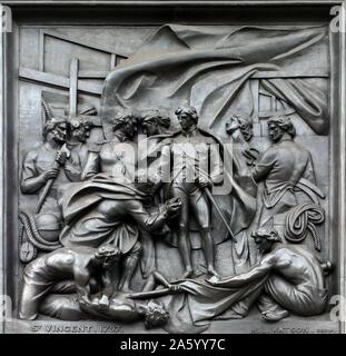 detail in relief from Nelson's Column monument in Trafalgar Square in central London built to commemorate Admiral Horatio Nelson, who died at the Battle of Trafalgar in 1805. Stock Photo
