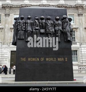 The Monument to the Women of World War II is a British national war memorial situated on Whitehall in London, to the north of the Cenotaph. It was sculpted by John W. Mills, unveiled by Queen Elizabeth II and dedicated by Baroness Boothroyd in July 2005. Stock Photo