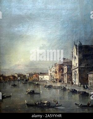 Painting titled 'The Grand Canal Venince Church of St Lucia' by Francesco Guardi (1712-1793) Venetian painter of veduta, and a member of the Venetian School. Stock Photo