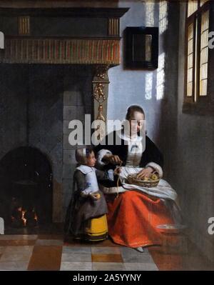 Painting titled 'A Boy Bringing Bread' by Pieter de Hooch (1629-1684) Dutch Golden Age painter. Dated 17th Century Stock Photo