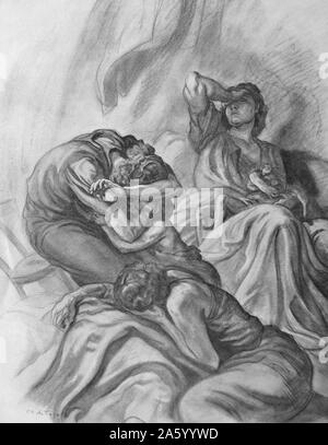 Propaganda illustration by Carlos Saenz De Tejada depicting a Nationalist family in despair clutching a starving child. Dated 1937 Stock Photo