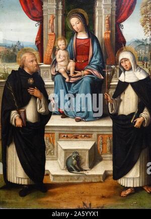 Painting titled 'The Virgin and Child with Saints Dominic and Catherine of Siena' by Benvenuto Tisi (1481-1502) Late-Renaissance-Mannerist Italian painter of the School of Ferrara. Dated 16th Century Stock Photo