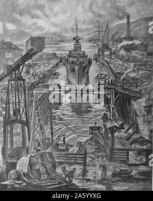 Propaganda illustration by Carlos Saenz De Tejada depicting a naval base showing destroyer in dock. Dated 1937 Stock Photo