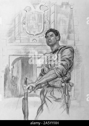 Propaganda illustration by Carlos Saenz De Tejada depicting a Carlist century standing guard in Pamplona. Dated 1937 Stock Photo