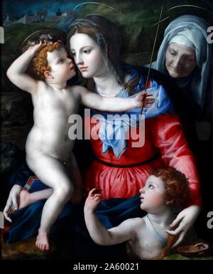 Painting titled 'The Madonna and Child with Saints' by Agnolo di Cosimo (1503-1572) Italian Mannerist painter from Florence. Dated 16th Century Stock Photo