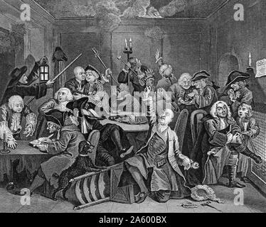 A Rake's Progress - Plate 6 - Scene In A Gaming House by William Hogarth (1697 – 1764). English painter, printmaker, pictorial satirist. The sixth painting shows Tom pleading for the assistance of the Almighty in a gambling den at Soho's White Club after losing his 'new fortune'. Stock Photo