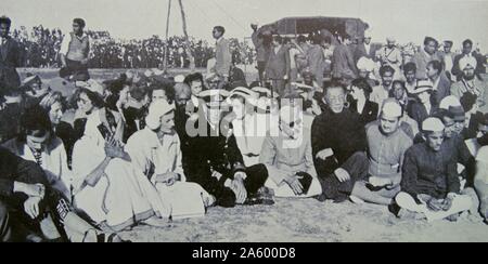 Cremation of Mahatma Gandhi 1948; ;Delhi; India. left to right: Lord and Lady Brabourne; Rajkumari Amrit Kaur; Lady Mountbatten; Lord Mountbatten; Lady Pamela Mountbatten; Maulana Azad; Dr. Loh (Chinese Ambassador) Stock Photo